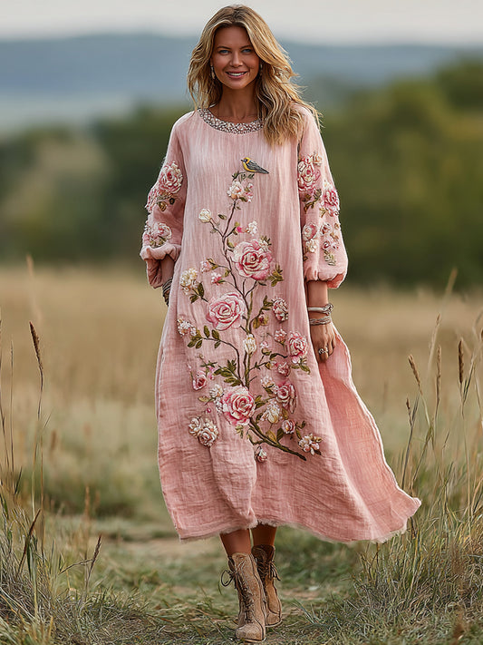 Cardydony Women's Vintage Boho Roses And Birds Art Casual Dress