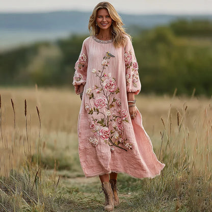 Cardydony Women's Vintage Boho Roses And Birds Art Casual Dress