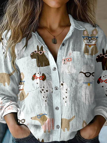 Cardydony Women's Vintage Cute Dogs Pocket Shirt