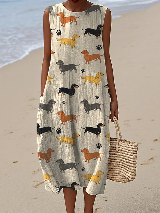 Cardydony Women's Vintage Dachshund Dog Art Print Linen Tank Midi Dress