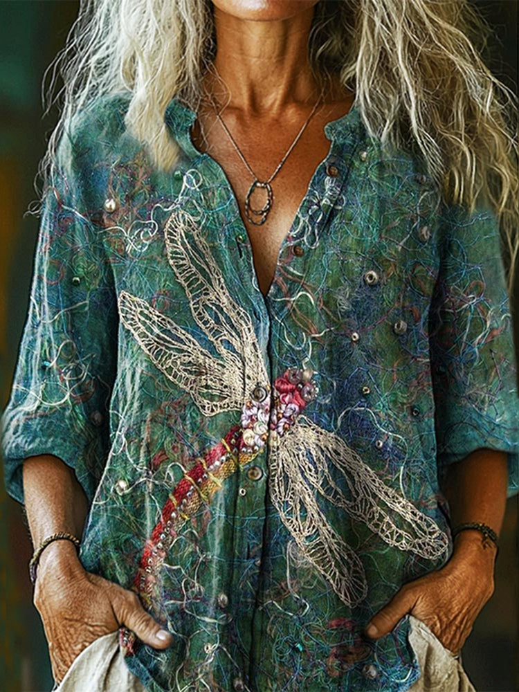 Cardydony Women's Vintage Dragonfly Art Print Casual Cotton And Linen Shirt