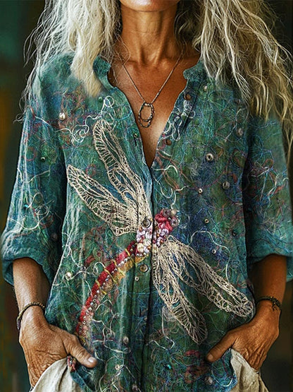 Cardydony Women's Vintage Dragonfly Art Print Casual Cotton And Linen Shirt