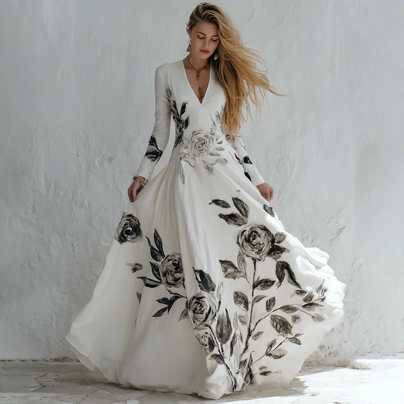 Cardydony Women's Vintage Floral Art V-neck Long Sleeve Maxi Dress