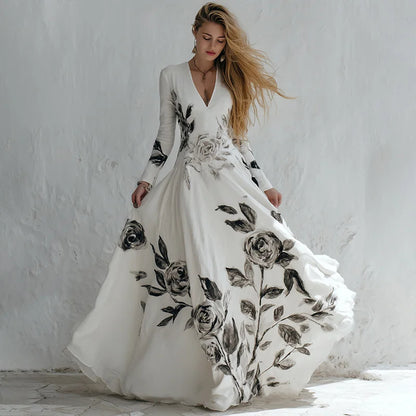 Cardydony Women's Vintage Floral Art V-neck Long Sleeve Maxi Dress