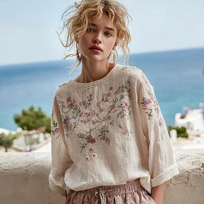 Cardydony Women's Vintage Floral Embroidery Linen Crew Neck Long Sleeve T-shirt