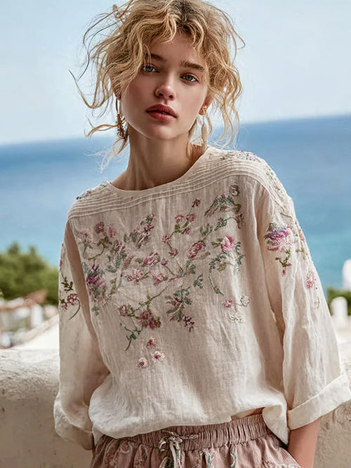 Cardydony Women's Vintage Floral Embroidery Linen Crew Neck Long Sleeve T-shirt