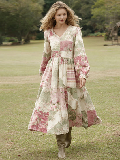 Cardydony Women's Vintage Floral Patchwork Comfy Linen V-neck Dress