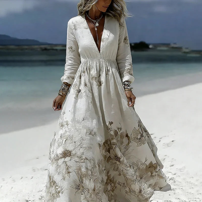 Cardydony Women's Vintage Floral Printed Art V-neck Long Sleeve Maxi Dress