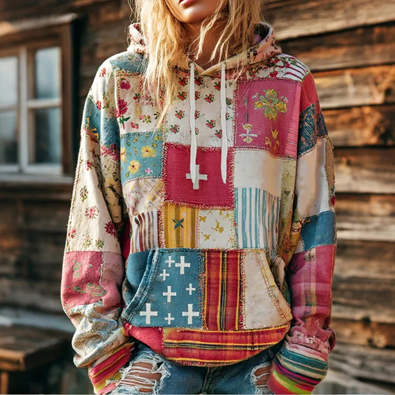 Cardydony Women's Vintage Flower Cross Art Long Sleeve Hoodie
