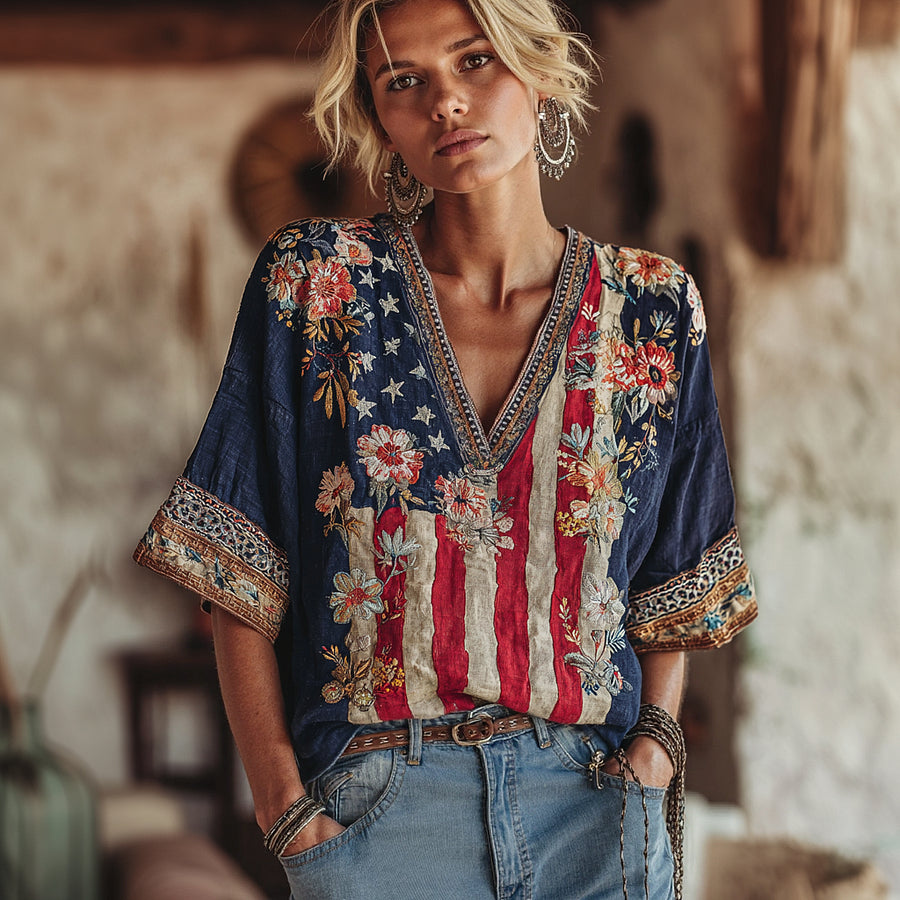 Cardydony Women's Vintage Independence Day Flag Flower Embroidered Art Linen T-shirt