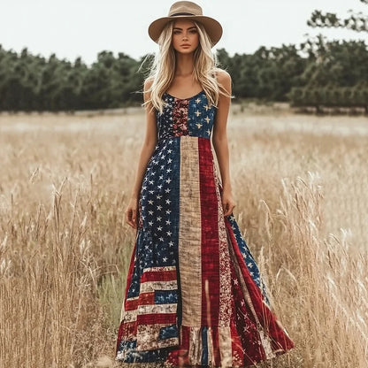 Cardydony Women's Vintage Independence Day Flag Patchwork V-neck Sleeveless Midi Dress