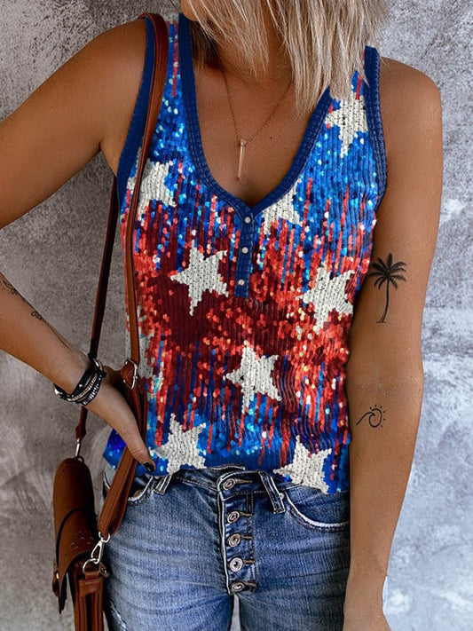 Cardydony Women's Vintage Independence Day Sequins Glitter Print Tank Top