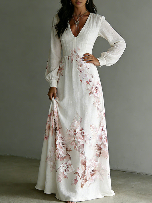 Cardydony Women's Vintage Rose Art V-neck Long Sleeve Maxi Dress
