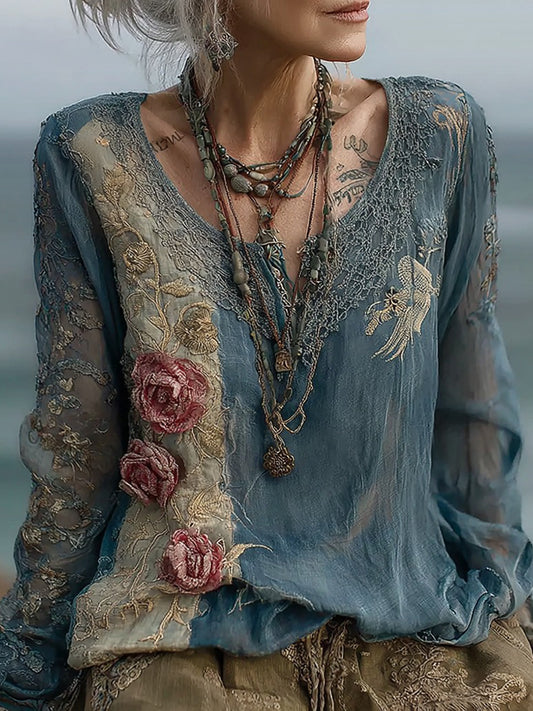 Cardydony Women's Vintage Rose Floral Embroidery Linen Shirt