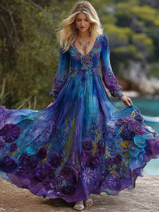 Cardydony Women's Vintage Rose Floral Gradient Pattern V-neck Long-sleeved Dress