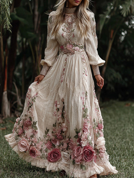 Cardydony Women's Vintage Roses Embroidery Art Crew Neck Long Sleeves Maxi Dress