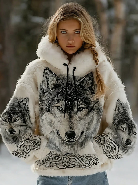 Cardydony Women's Vintage Viking Celtic Wolf Art Plush Cozy Hoodie