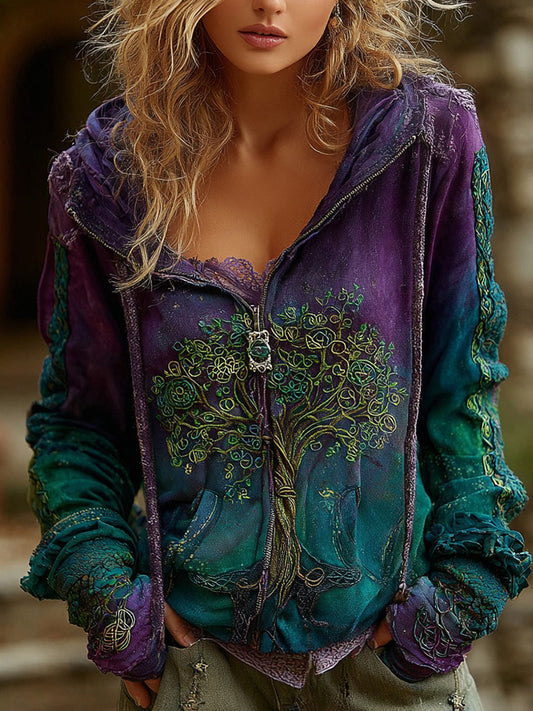 Cardydony Women's Vintage Viking Tree Of Life Cozy Warm Zip Hoodie Cardigan