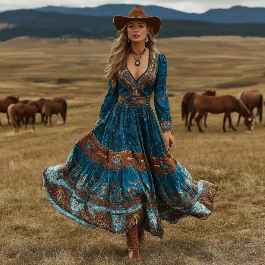 Cardydony Women's Vintage Western Horse Art Print V-neck Long Sleeve Maxi Dress