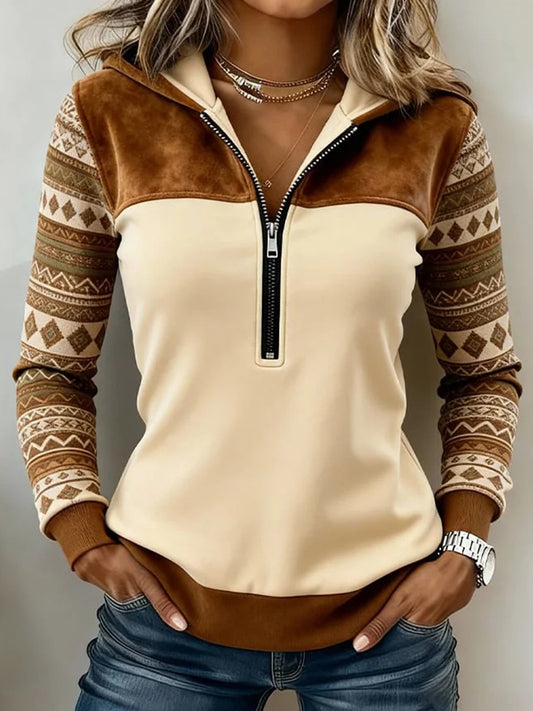 Cardydony Women's Western Art Pattern Half Zip Hoodie