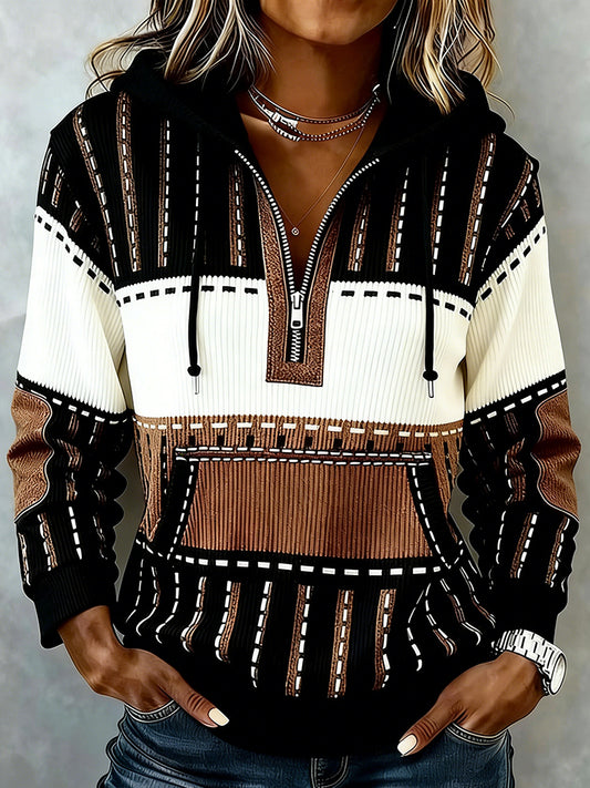 Cardydony Women's Western Geometric Art Pattern Half Zip Hoodie