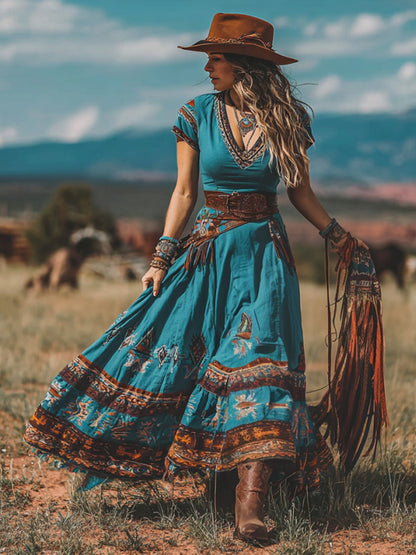 Cardydony Women's Western Geometric Print V-neck Short Sleeve Maxi Dress