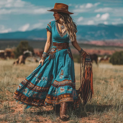 Cardydony Women's Western Geometric Print V-neck Short Sleeve Maxi Dress