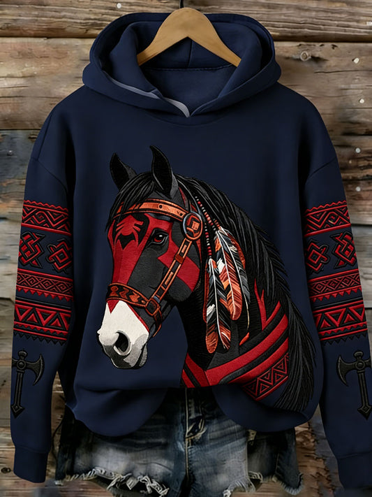 Cardydony Women's Western Horse Print Hooded Sweatshirt