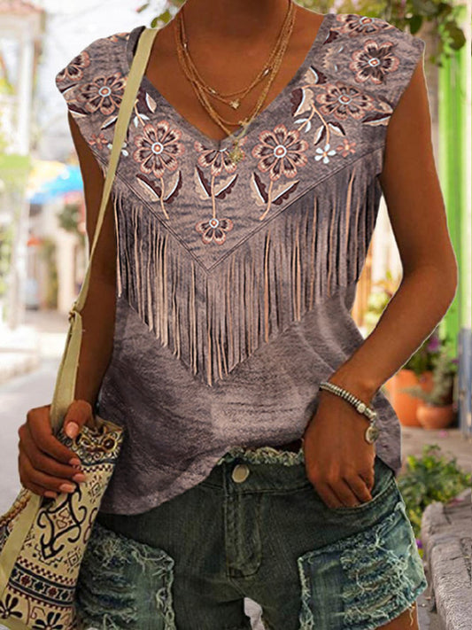 Cardydony Women's Western Vintage Distressed Floral Tassel V-Neck Tank Top