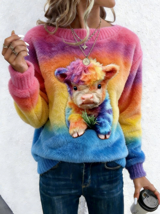 Cardydony Women's Winter Cute Colored Highland Cow Graphic Art Flannel Sweatshirt