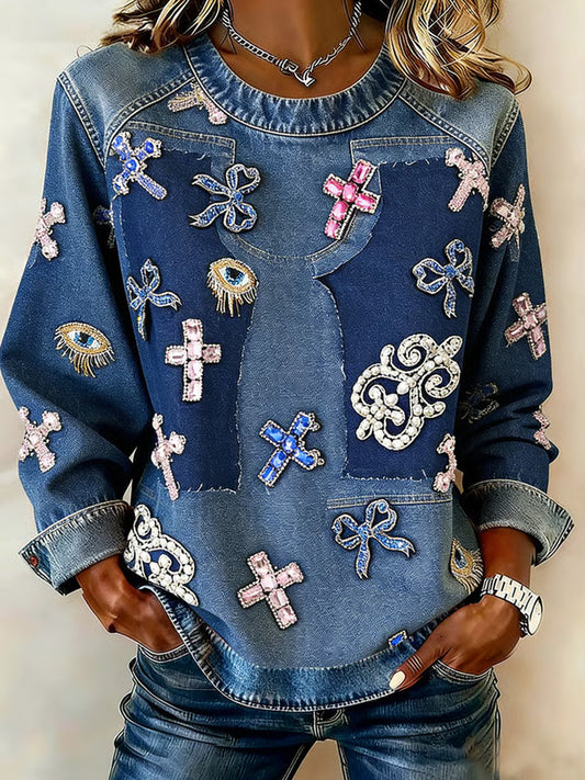 Cardydony Women's Winter Faith-inspired Fun Color-blocking Printed Crew Neck Top