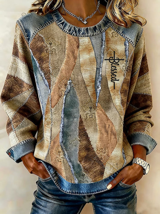 Cardydony Women's Winter Faith Color Block Print Crew Neck Top