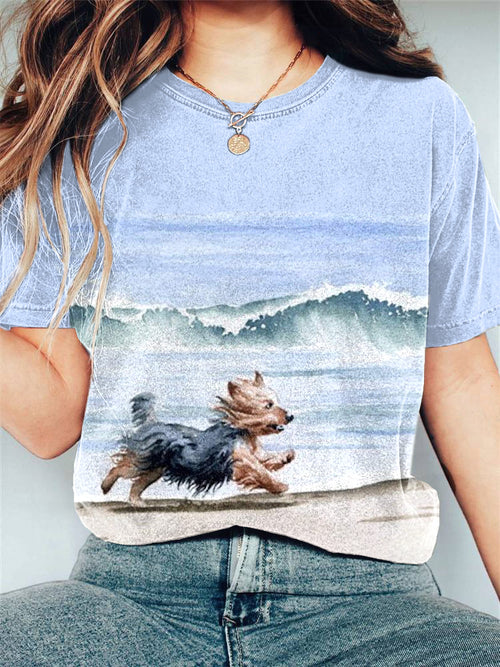 Cardydony Yorkshire Terrier At The Beach Watercolor Art Print T-Shirt