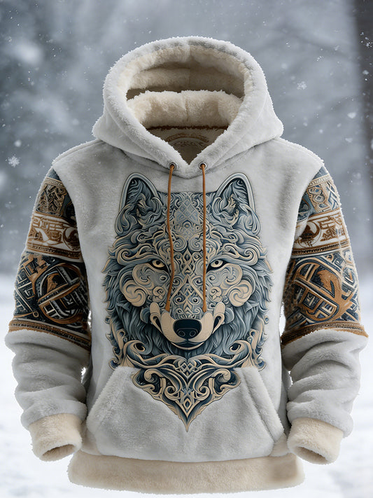 Cardydony Men's Celtic Knot And Wolf Print Color-blocked Comfortable Hooded Sweatshirt