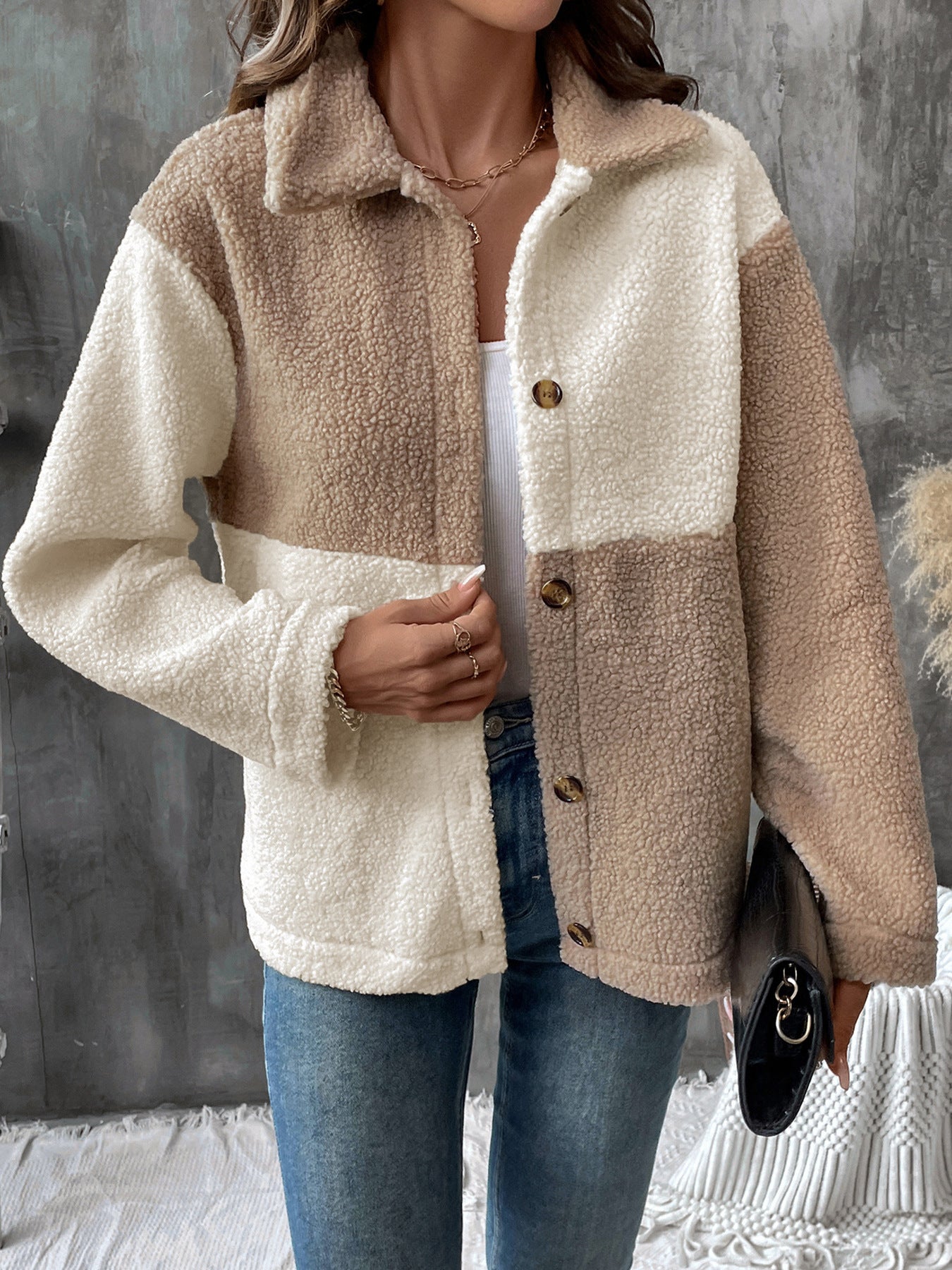 Cardydony Women's Color Block Single-Breasted Sherpa Jacket – Thick Casual Lapel Coat for Cross-Border Fashion