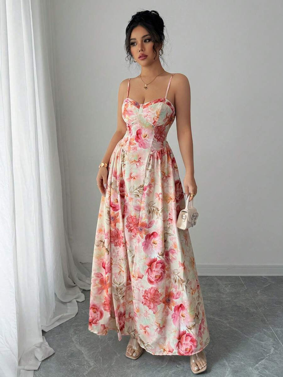 Cardydony Women's Floral Chiffon Maxi Dress for Women – Sleeveless V-Neck Corset Gown