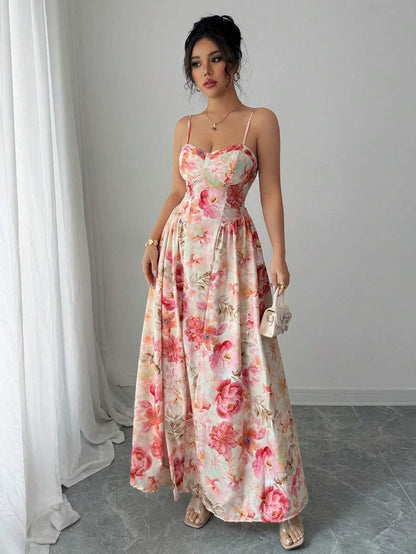 Cardydony Women's Floral Chiffon Maxi Dress for Women – Sleeveless V-Neck Corset Gown