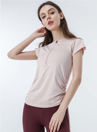 Cardydony Women's Slim Fit Short Sleeve Athletic Top with Zip Up & Drawstring Waist