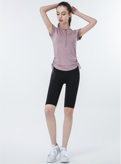 Cardydony Women's Slim Fit Short Sleeve Athletic Top with Zip Up & Drawstring Waist