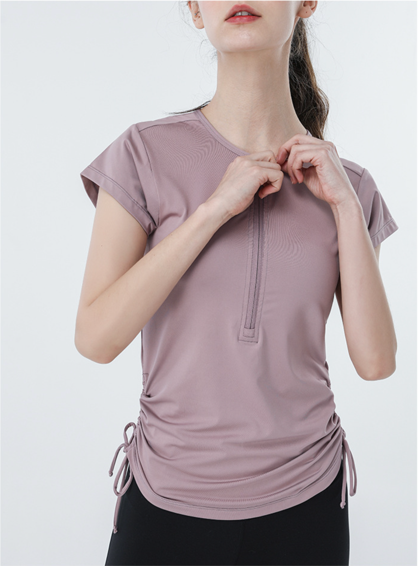 Cardydony Women's Slim Fit Short Sleeve Athletic Top with Zip Up & Drawstring Waist
