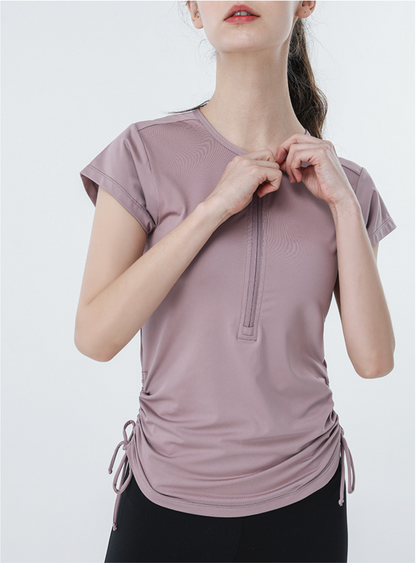 Cardydony Women's Slim Fit Short Sleeve Athletic Top with Zip Up & Drawstring Waist