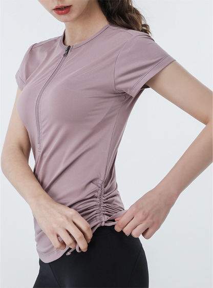 Cardydony Women's Slim Fit Short Sleeve Athletic Top with Zip Up & Drawstring Waist