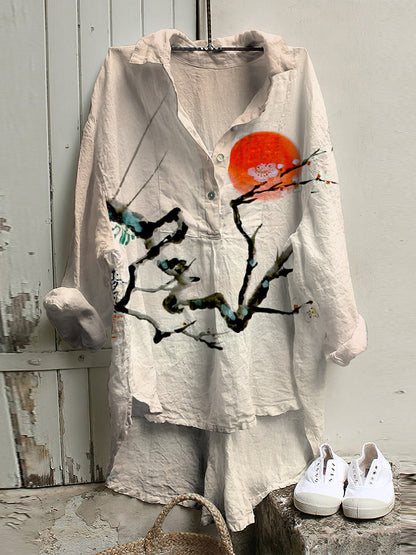 Cardydony Vintage Japanese Art Cotton Linen Button V Neck Casual Shirt
