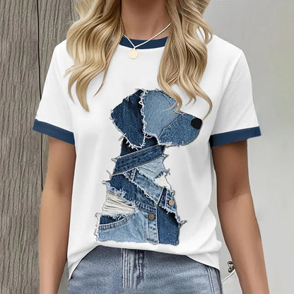 Cardydony Women's Retro Funny Denim Patch Animal Dog Print Crew Neck T-shirt