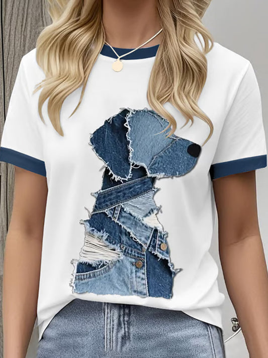 Cardydony Women's Retro Funny Denim Patch Animal Dog Print Crew Neck T-shirt
