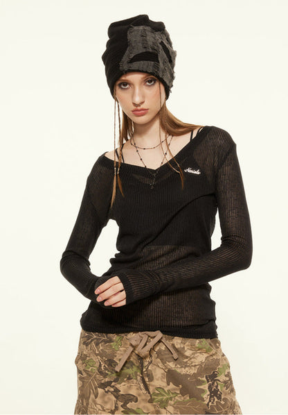 Cardydony Women's Sheer Ribbed Long Sleeve Top | Y2K Essential