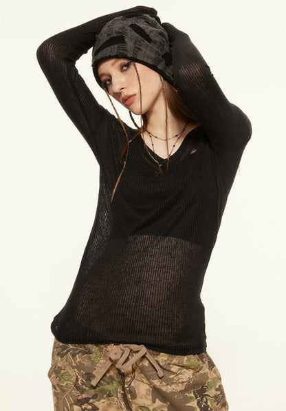 Cardydony Women's Sheer Ribbed Long Sleeve Top | Y2K Essential