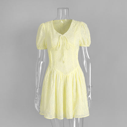 Cardydony Women's Embroidered Puff Sleeve Cotton Mini Dress – Cinched V-Neck Summer Silhouette
