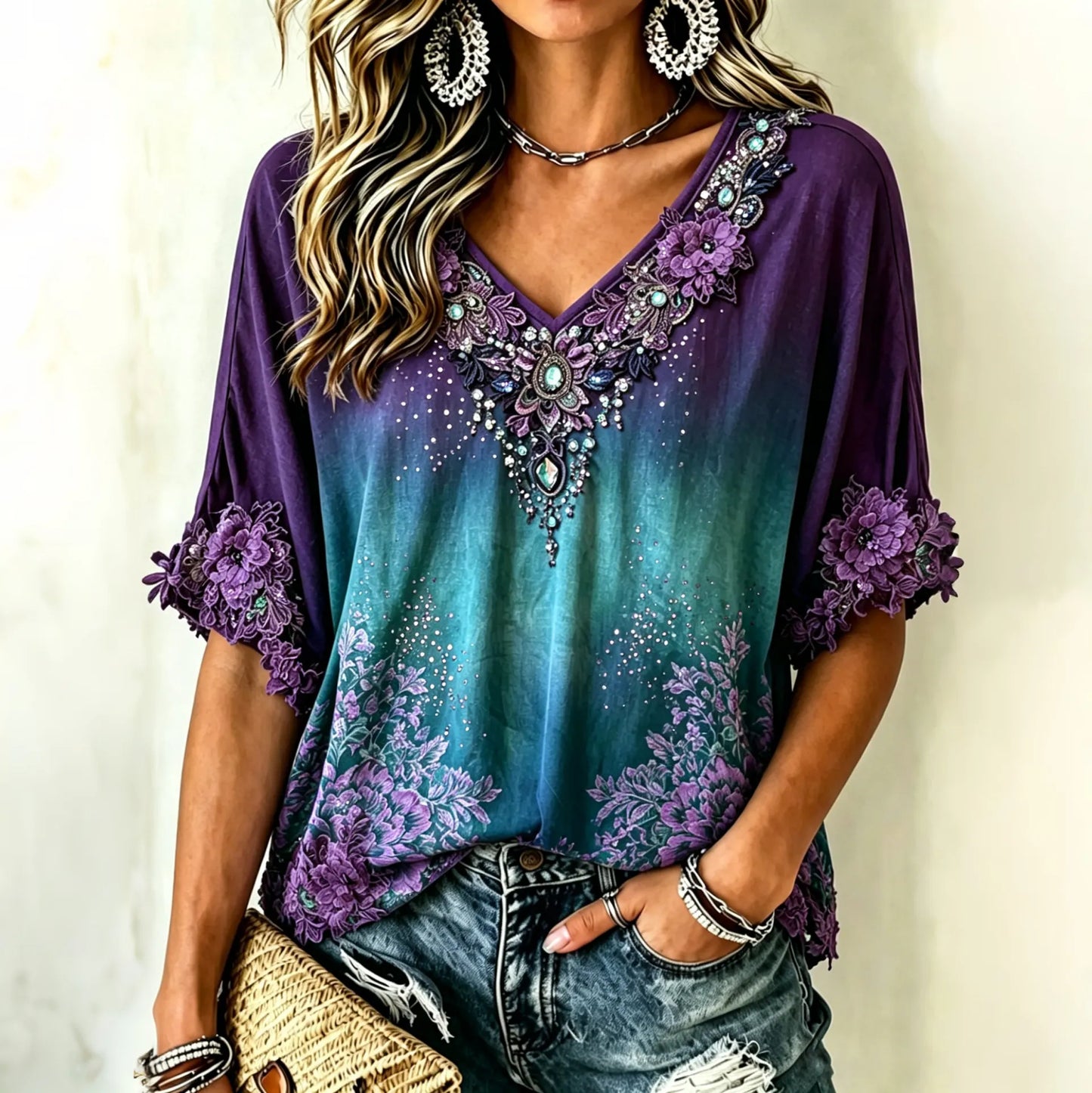 Cardydony Women's Resort Floral Lace Gradient V-neck Cotton Linen Top