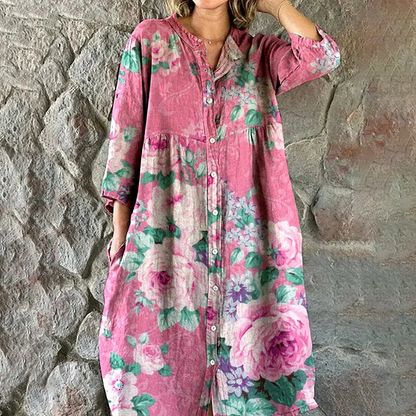 Cardydony Women's Rose Floral Print Elegant Simple Shirt Cotton And Linen Dress